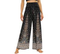 Nuofengkudu Petite Pantalon Femme Fluide Motif Léger Été Viscose Bohème Elastique Taille Haute Ceinturée Ethniques Chic Elegant Longue Culotte Vacances Plage Voyage Taille Unique A Noir