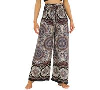 Nuofengkudu Petite Pantalon Femme Fluide Motif Léger Été Viscose Bohème Elastique Taille Haute Ceinturée Ethniques Chic Elegant Longue Culotte Vacances Plage Voyage Taille Unique D Noir
