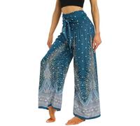 Nuofengkudu Petite Pantalon Femme Fluide Motif Léger Été Viscose Bohème Elastique Taille Haute Ceinturée Ethniques Chic Elegant Longue Culotte Vacances Plage Voyage Taille Unique A Vert