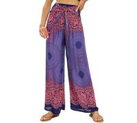 Nuofengkudu Petite Pantalon Femme Fluide Motif Léger Été Viscose Bohème Elastique Taille Haute Ceinturée Ethniques Chic Elegant Longue Culotte Vacances Plage Voyage Taille Unique B Bleu