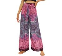 Nuofengkudu Petite Pantalon Femme Fluide Motif Léger Été Viscose Bohème Elastique Taille Haute Ceinturée Ethniques Chic Elegant Longue Culotte Vacances Plage Voyage Taille Unique C Violet