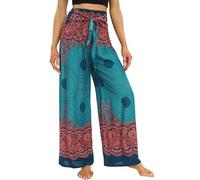 Nuofengkudu Petite Pantalon Femme Fluide Motif Léger Été Viscose Bohème Elastique Taille Haute Ceinturée Ethniques Chic Elegant Longue Culotte Vacances Plage Voyage Taille Unique B Vert