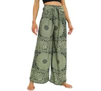 Nuofengkudu Petite Pantalon Femme Fluide Motif Léger Été Viscose Bohème Elastique Taille Haute Ceinturée Ethniques Chic Elegant Longue Culotte Vacances Plage Voyage Taille Unique E Vert