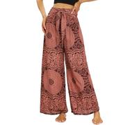 Nuofengkudu Petite Pantalon Femme Fluide Motif Léger Été Viscose Bohème Elastique Taille Haute Ceinturée Ethniques Chic Elegant Longue Culotte Vacances Plage Voyage Taille Unique E Orange