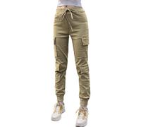 Nuofengkudu Petite Pantalon Poche Cargo Femme Ados Élastiquée Sarouel Jogging Taille Elastique Cheville Pantacourt Vintage Legers Classique Pants Fitness Detente Fashion Casual Kaki L