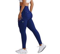 Nuofengkudu Push up Taille Haute Leggings Sport pour Femmes Elastique Opaque Doux Collant Pantalon avec Poche Cargo Fitness Running Jogging Sport Workout Yoga Pants Y-Bleu Foncé L
