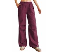 Nuofengkudu Utilitaires Pantalon Femme Jambe Large Taille Elastique 2 Poche Ample Uni Plis aux Genoux Enfiler Travail Trousers Résistants Vent Boyfriend Décontracté Y2K Bordeaux S