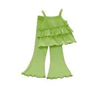 Nuoke ensemble fille,Girls' Flared Nine Point Pants Two Piece Set Spring Summer And Autumn Comfortable Suspender Suit Setss (Green, 9-10 Years)