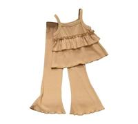 Nuoke ensembles fille,Girls' Flared Nine Point Pants Two Piece Set Spring Summer And Autumn Comfortable Suspender Suit Setss (Coffee, 5-6 Years)