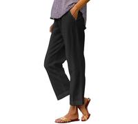 Nuoke Femme Couleur Unie Coton Lin élastique Sept Pantalons Plage Pantalons décontractés Lin Pantalon Large Taille Haute Chic Hiver_1