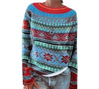 Nuoke Pull Femme,Sweat Femme,Women's Knitted Isle Print Retro Sweater Casual Loose Crewneck Long Sleeve Lightweight Cropped Over Tops Combinaisons Roses pour (Dark Blue, L)