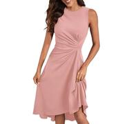 Nuoke Robe ete,Women's Summer Sleeveless Ruched Waist A Line High Midi Dress Robe Courte (Pink, S)