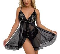 Nuoke Women Lingerie Open Front Dress Lace Chemise Mesh Nightgown with Thong La Lingerie (Black, L)