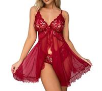 Nuoke Women Lingerie Open Front Dress Lace Chemise Mesh Nightgown with Thong La Lingerie (Red, M)
