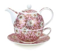 Nuovo Tea for One Service à thé - Tasse, soucoupe, théière - Rose et blanc - Feuilles en relief or 22 carats - 16,5 cm