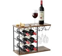 Nuovoware Comptoirs Vin Comptoir, Support Bouteilles de Vin pour 6 Bouteilles et 4 Verres, Organisateur Stockage Vin en Métal pour la Cuisine, Le Bar, la Table, l'armoire, la Cave Vin, Bois