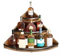 Nuovoware Présentoir Bouteilles Liqueur, Étagère Liqueur 3 Niveaux, Armoire Bar Acier Carbone avec Base en Bois Barre Retenue Whisky, Sirop Vin, Étagère à vin pour Comptoir Cuisine, Bar, Noir+Marron