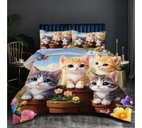 Nuphtun Couette 160x200 cm | Chat Coloré, Imprimé 3D et Remplissage Coton 200GSM, Poids Léger, Ensemble avec 2 Taies 65x65 cm pour Un Confort Absolu et Une Nuit Réparatrice D41