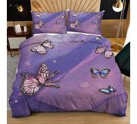 Nuphtun Housse de Couette 140x200 Papillon Violet, Super Microfibre Ensemble de Literie 140x200 avec Fermeture Éclair, 3D Impression Parure de Lit + 2 Taies d'oreiller 65x65