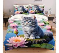 Nuphtun Set Lit Une Place 140x200 cm Animal Chat, Housse de Couette Imprimée 3D et 2 Taies d'oreiller, Toucher Doux comme du Coton | Parfait pour Célibataires et Studios C176