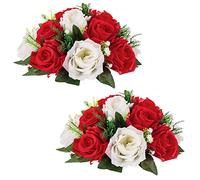 NUPTIO 2 Pièces Fleurs Artificielles, 15 Têtes de Roses Plastique avec Base, Convient au Centre de la Table Mariage Notre Magasin pour Les Fêtes Décoration de Saint Valentin(Rouge&Blanc)