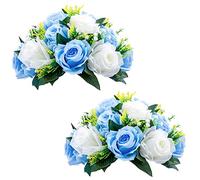 NUPTIO 2 Pièces Fleurs Artificielles, 15 Têtes de Roses Plastique avec Base, Convient au Centre de la Table Mariage Notre Magasin pour Les Fêtes Décoration de Saint Valentin(Bleu&Blanc)