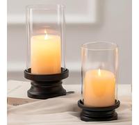 NUPTIO Bougeoir à Pilier Verre Chandelier Noir Ensemble de 2 Bougeoirs pour Bougies Piliers avec Manchon en Verre Transparent Supports de Piliers Décoratifs en Métal pour Le Mariage La Fête Noël