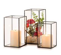 Nuptio Bougeoir en Verre Hurricane: 3 Bougeoirs Transparents pour Pilier, Lanternes Noires Décoratives D'intérieur pour Cheminée Centre de Table de Noël Salon Salle À Manger Décoration de Fête