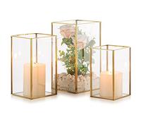 Nuptio Bougeoir Hurricane en Verre - Lot de 3 Bougies Décoratives pour Pilier, Bougeoir en Verre Trempé pour L'extérieur Mariage Noël Halloween Salon Table Cheminée Décoration Intérieure Or