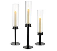 Nuptio Bougeoir Ouragan Noir: Bougeoirs en Métal Et Verre Transparent pour Bougie Conique, Grand Bougeoir Ouvert, Abat-Jour Cylindrique, Décoration de Centre de Table pour Fête Mariage, Lot de 3