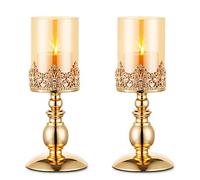 NUPTIO Bougeoirs Piliers avec Verre, Ensemble de 2 Bougeoirs Ouragan Or Cadeaux de Décoration Moderne, Porte Bougies pour Anniversaire Mariage Pendaison Crémaillère Centres Table Fête, Petite Taille