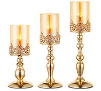 NUPTIO Bougeoirs Piliers avec Verre, Ensemble de 3 Bougeoirs Ouragan Or Cadeaux de Décoration Moderne, Porte Bougies pour Anniversaire Mariage Pendaison Crémaillère Centres Table Fête