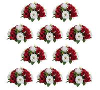 Nuptio Bouquet de Boules de Fleurs : 10 pièces maîtresses Fleurs artificielles compositions Roses 24 cm diamètre Pourpre et Blanc Roses Fausses centres de Table pour Mariages, décorations de Table de