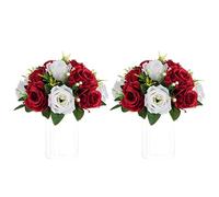 Nuptio Bouquet de boules de fleurs : 2 pièces maîtresses fleurs artificielles compositions roses 24 cm diamètre pourpre & blanc roses fausses centres de table pour mariage, décorations de table, fêtes
