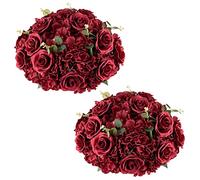 NUPTIO Centre de Table Fleuri pour Mariage 2 Pièces Bourgogne Fleurs Artificielles Boules Roses Diamètre 36cm pour Centre Fausses Roses Soie pour Mariage Réception Anniversaire Décoration Fête