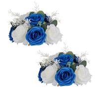 NUPTIO Centres de Table Fleurs Artificielles: 2 Pièces 24cm Fausses Fleurs Roses Bleu Royal & Blanc Composition Boules Soie Faux Bouquet Mariage pour Maison Décorations Fête d'anniversaire