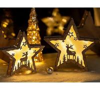 NUPTIO Décoration de Noël Étoile LED en Bois: avec MINUTERIE Appui de Fenêtre Intérieur Lot de 2 Décoration Éclairée Arc Lumineux Debout Décorations en Bois Étoiles Éclairage Cadeaux