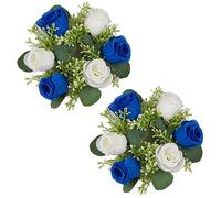 NUPTIO Fleur Centre de Table Mariage - 2 Pièces 22cm Diamètre Bleu Royal & Blanc Petit Rose Artificielle Deco Maison Bouquet pour Décoration Champetre Cérémonie Anniversaire