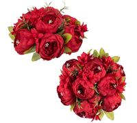 NUPTIO Fleurs Artificielles Pivoine pour Centres: 2 Pièces 24cm Diamètre Rouge Fausses Fleurs Boules Bouquet de Mariage en Soie pour Centres de Table Décorations de Maison