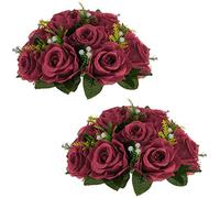 Nuptio Fleurs Centres de Table de Mariage - 2 Pièces 24cm Diamètre Bourgogne Fleurs Artificielles Boule de Rose pour Centres Table Faux Arrangements de Rose pour Mariage Anniversaire Fête Décorations