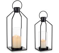 Nuptio Lanternes Noires pour Bougies Métal: 35.5cm & 29.5cm Lanterne Décorative pour Bougies D'ouragan Bougies Piliers Lanternes en Verre Suspendues pour Salon, Mariage, Noël Et Halloween, Lot de 2