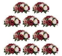 Nuptio Lot de 10 Fleurs artificielles pour Tables - Bordeaux, Roses poudrées et Blanc crème - 24 cm de diamètre - Arrangement de Roses artificielles en Soie pour décoration de fête de Mariage