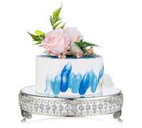 Nuptio Supports de Miroir Gâteaux Argent: 12 Pouces Présentoir à Gâteaux Dessert Plaque en Métal Grand avec Perles de Cristal Mariage Anniversaire Baby Shower Party Cupcake Afternoon Tea