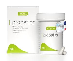 Nupure® Probiotique Probaflor 90 gélules, 20 milliards UFC, 11 souches bactériennes spéciales breveté, avec Prebiotique Inuline per la flore intestinale, mieux protégées grâce à un contenant spécial.