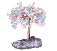 Nupuyai Aigue-Marine & Quartz Rose Arbre de Vie en Pierre sur Base de Géode Naturelle, Feng Shui Arbre de Cristal Fait à la Main pour Décoration Intérieure et Reiki Chakra