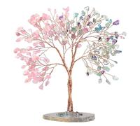 Nupuyai Arbre d'argent en Cristal de guérison avec Base de tranches d'agate Naturelle, décor de bonsaï Fait Main Fengshui pour la Richesse Bonne Chance, Rose Quartz & Fluorite