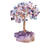 Nupuyai Quartz Rose & Améthyste & Aigue-Marine Arbre de Vie en Pierre sur Base de Géode Naturelle, Feng Shui Arbre de Cristal Fait à la Main pour Décoration Intérieure et Reiki Chakra