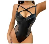 Nuqqichongtian Ensemble de lingerie porte-jarretelles - Combinaison en polyuréthane - Chaînes négligées - Érotique - Ensembles de lingerie sexy en cuir - Nuisette érotique avec sous-vêtements