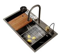 NURUGURE Évier Cuisine, Évier de Cuisine à cuve Unique avec Cascades Raindance et Robinet à Tirette, Montage par Le Haut ou par Le Dessous, kit de lavabo de Style campagnard en Acier Inoxydable