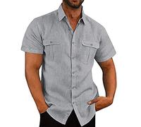 NUSGEAR 2023 Lin Chemise Bouton Homme Blouse Couleur Manches Top Chemisier Homme Chemise en Lin Ample Shirts Simple Casual Manches Courtes été Chemise Top de Plage Classique Chemisette Homme
